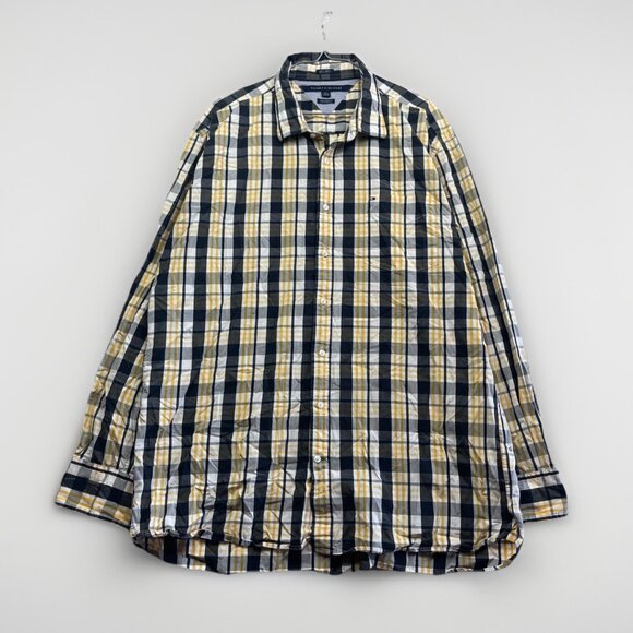 Tommy Hilfiger Men’s XXL Button Up Shirt Long Sleeve 80s 2 Ply Plaid Check Read - Picture 1 of 16